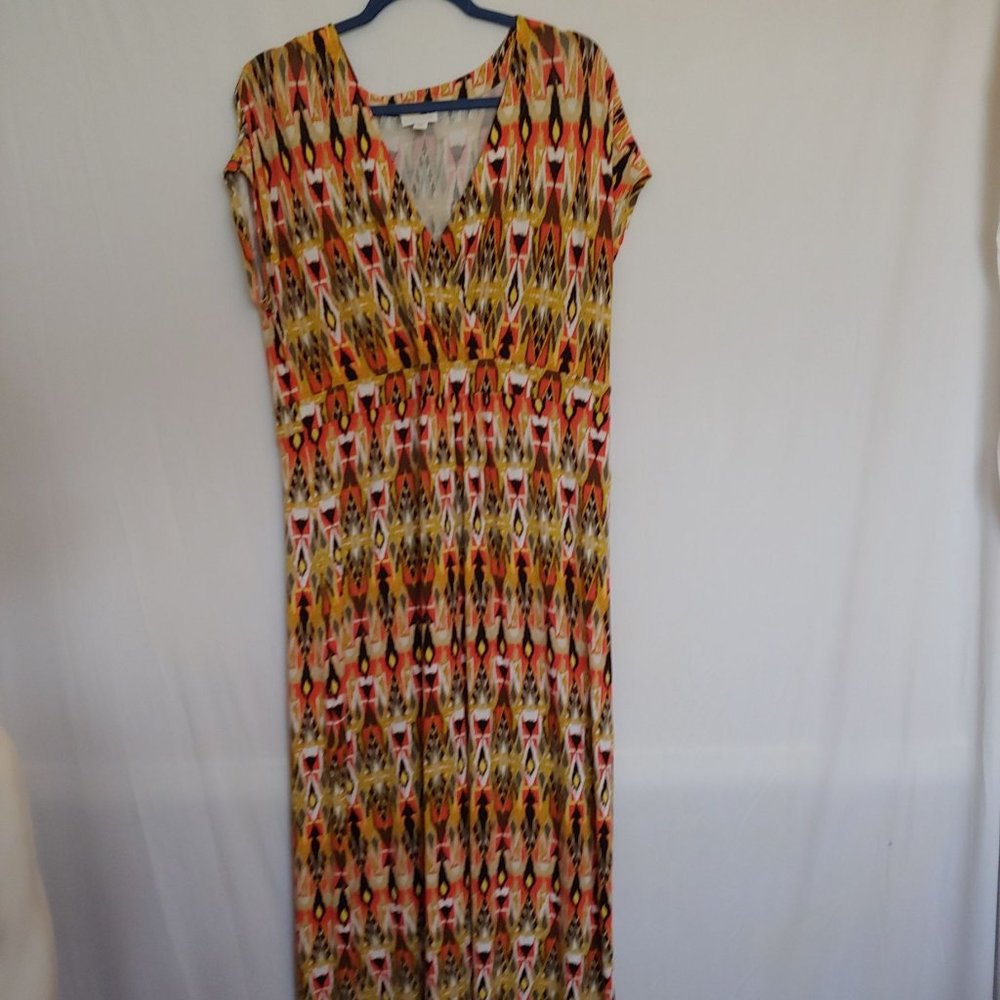 J. Jill coral, green and black Ikat sleeveless maxi  crossover dress XL